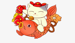坐在鱼身上手绘春季坐在锦鲤身上的小猫高清图片