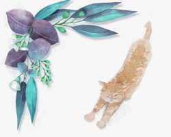 手绘植物与猫咪素材