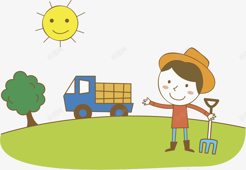 农忙的男人png免抠素材_新图网 https://ixintu.com 卡车 卡通 叉子 大树 忙碌的 挥手 男人 绿色的