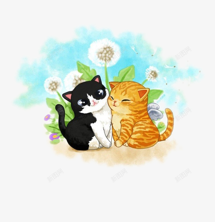 两只小猫咪png免抠素材_新图网 https://ixintu.com 手绘 猫咪 蒲公英 黄色 黑色