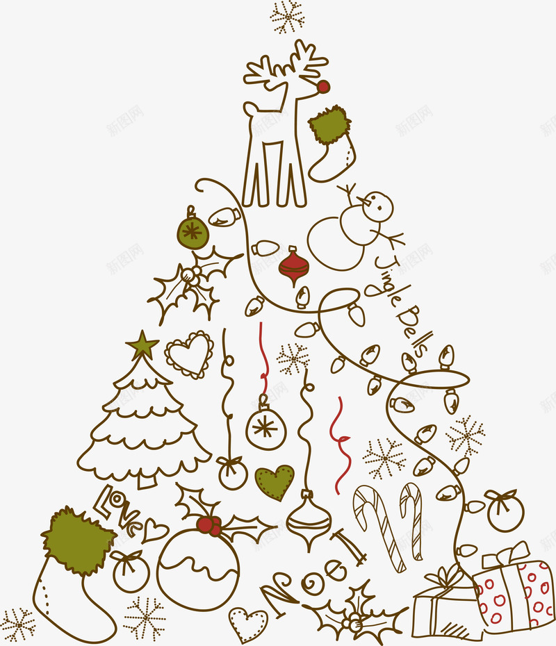 绿色线条圣诞树png免抠素材_新图网 https://ixintu.com 圣诞快乐 圣诞球 圣诞节 绿色树木 装饰图案 麋鹿