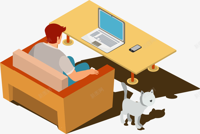 坐在沙发上办公的男人png免抠素材_新图网 https://ixintu.com 人物 卡通人物 手机 桌子 沙发 猫咪 电脑 男人