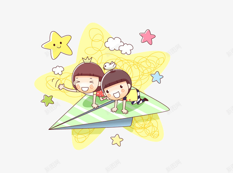 卡通纸飞机png免抠素材_新图网 https://ixintu.com 折纸 星星 漂浮 飞机