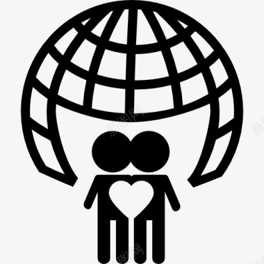 世界网格和人夫妇与心脏标志图标图标