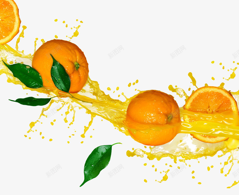 漂浮的橙汁png免抠素材_新图网 https://ixintu.com 动感 叶子 喷溅的果汁 橙子 橙汁 漂浮