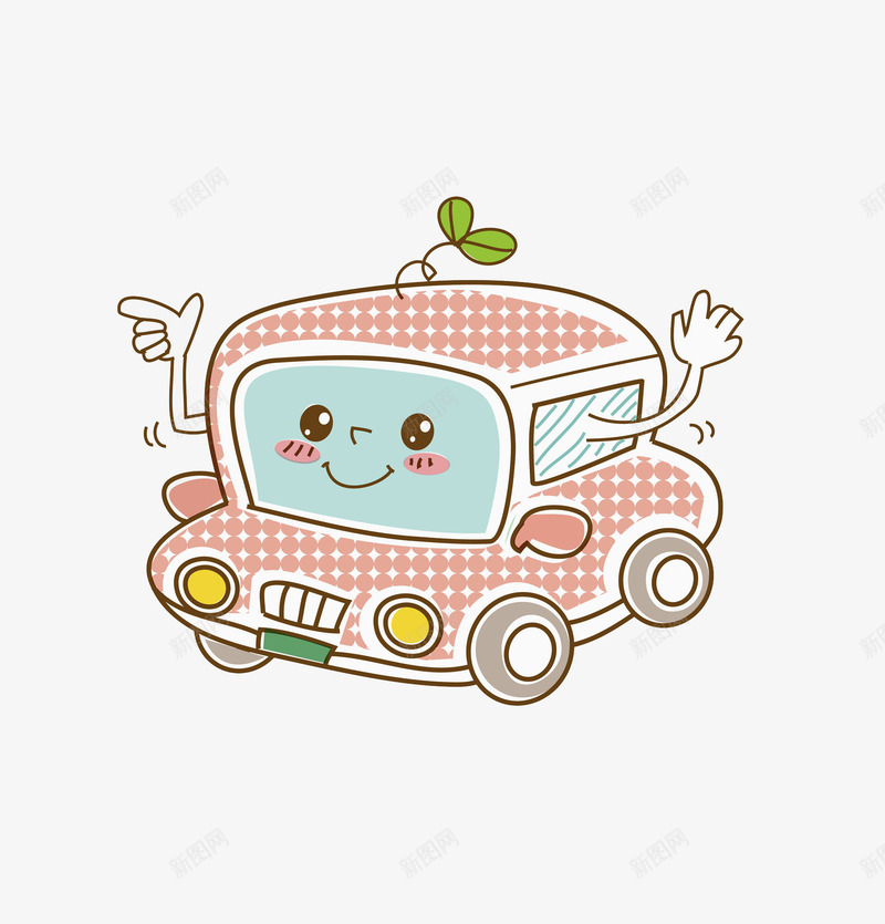 一辆小汽车png免抠素材_新图网 https://ixintu.com 卡通 可爱的 小汽车 小草 手绘 插图 红色的 表情