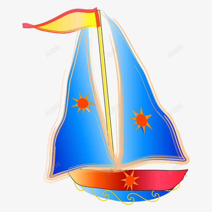 蓝色印有太阳图案的帆船png免抠素材_新图网 https://ixintu.com 卡通船 太阳 帆船 帆船竞技 海上运动 蓝色 黄旗