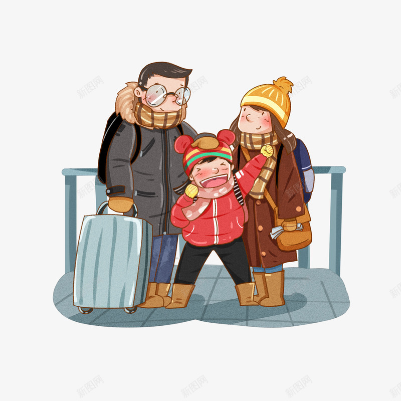 冬季一家人去旅行png免抠素材_新图网 https://ixintu.com 一家人 冬季 旅行 行李箱