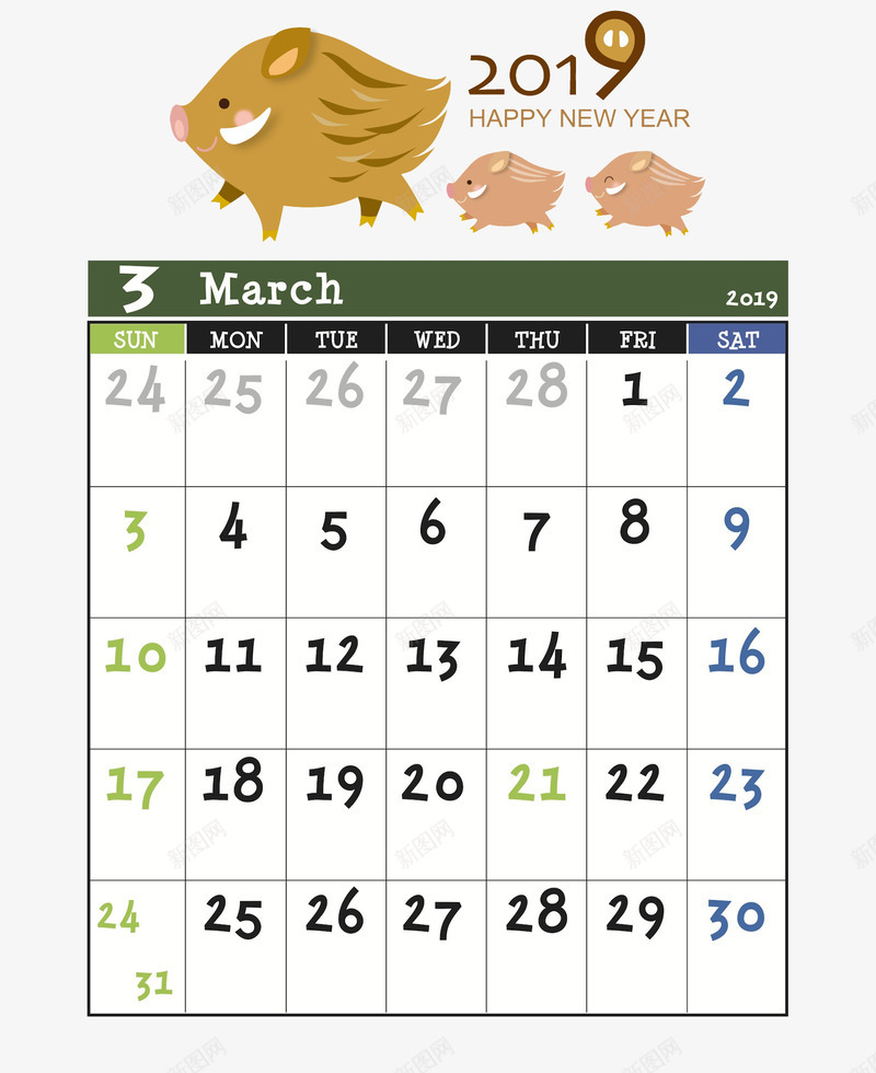 猪年日历3月专用psd免抠素材_新图网 https://ixintu.com 3月专用 卡通 手绘 日系 春节装饰 猪年日历