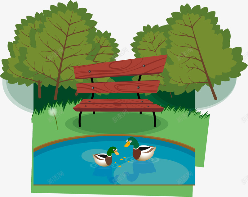 公园中的池塘风景png免抠素材_新图网 https://ixintu.com 公园 椅子 池塘 风景 鸭子