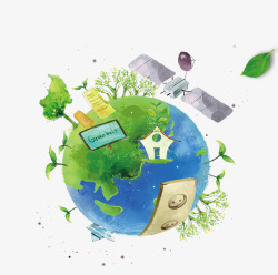 绿色卫星清新唯美创意地球插画高清图片