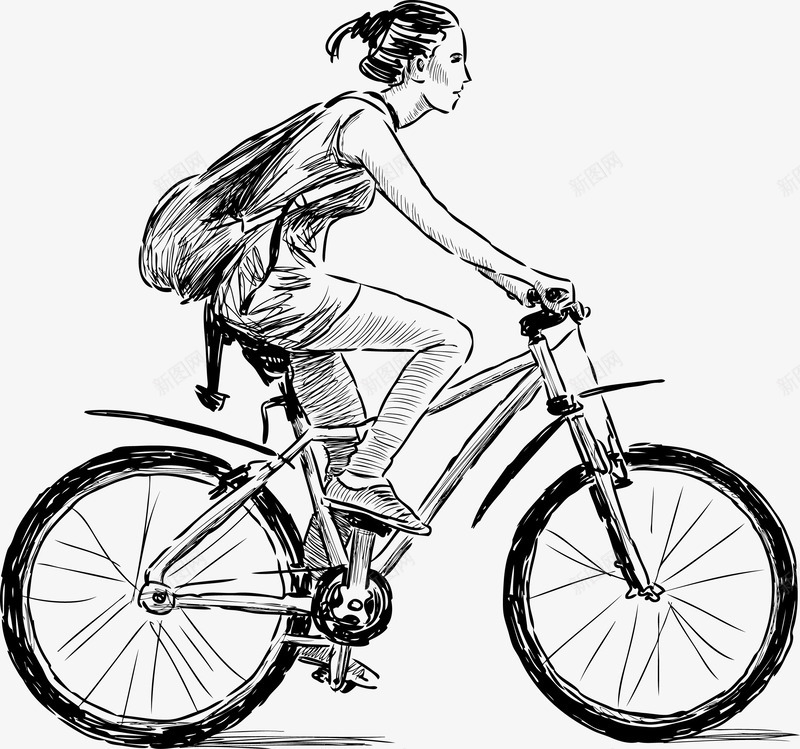 手绘年轻女士骑自行车png免抠素材_新图网 https://ixintu.com 女士 手绘 自行车 黑色