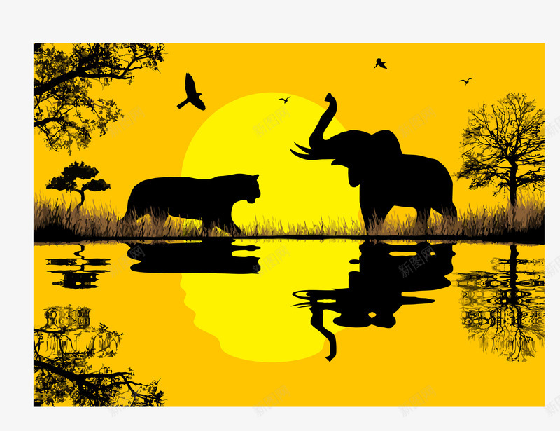 黄色背景和谐唯美大自然象豹png免抠素材_新图网 https://ixintu.com 和谐唯美大自然 矢量图案 象豹动物图案 黄色背景