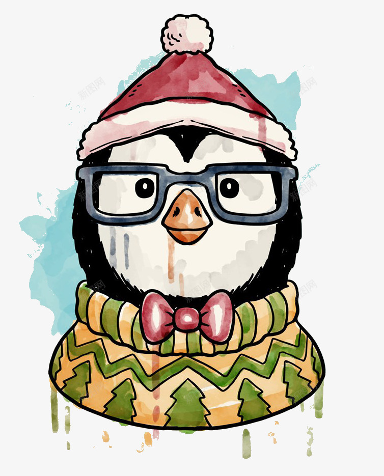 戴眼镜的企鹅png免抠素材_新图网 https://ixintu.com 企鹅 手绘 毛衣 水彩 眼睛 蝴蝶结