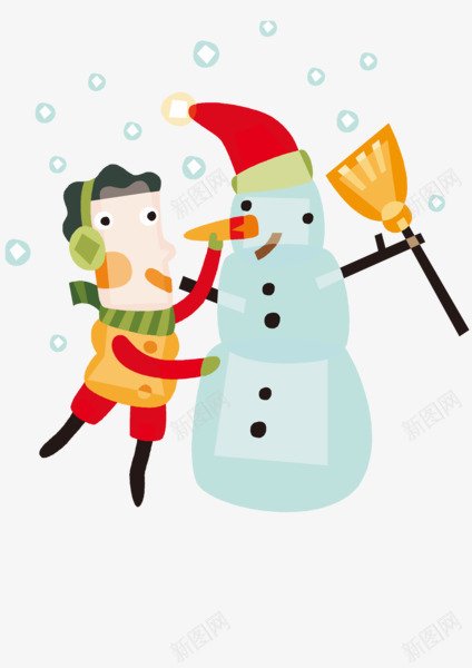 堆雪人的男孩png免抠素材_新图网 https://ixintu.com 卡通 堆雪人 扫把 男孩