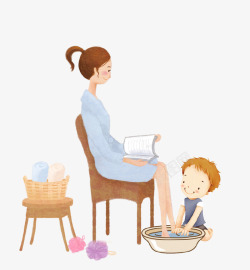 帮父母洗脚手绘清新母亲节人物插画高清图片