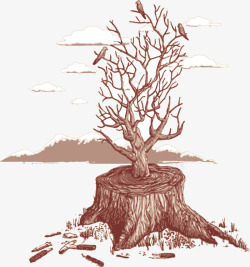 卡通青苔大树水墨画大树装饰图案高清图片