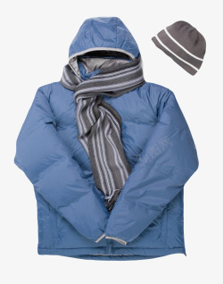 保暖廓型女外套PNG蓝色冬季保暖连帽围巾羽绒服女实高清图片