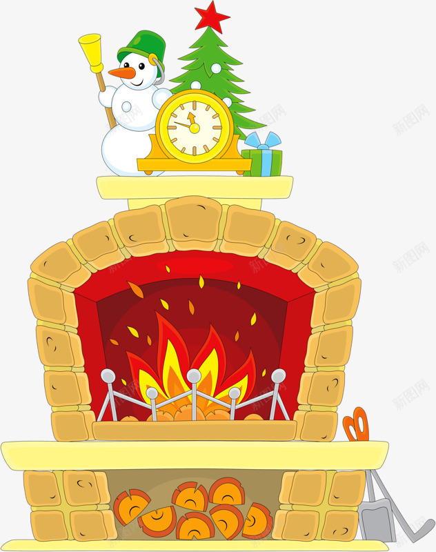 雪人和火炉png免抠素材_新图网 https://ixintu.com 圣诞树 火炉 闹钟 雪人