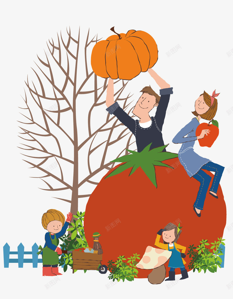 抱着南瓜坐着番茄上的人png免抠素材_新图网 https://ixintu.com 卡通人物 大南瓜 抱着苹果的女人 水果蔬菜 男人 番茄 蔬菜水果