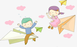 手绘卡通小朋友坐在彩色漂浮纸飞素材