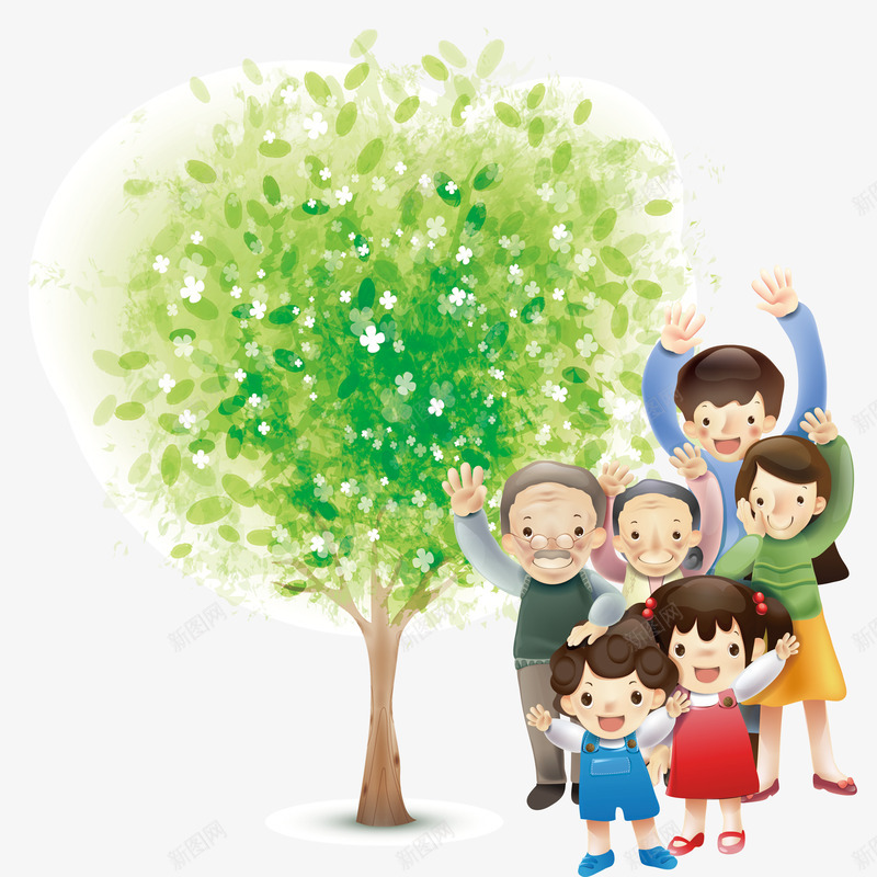 幸福的一家人png免抠素材_新图网 https://ixintu.com 一家人 六口之家 团圆 大树 小花 幸福 绿色