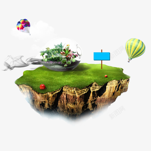 环保系列psd免抠素材_新图网 https://ixintu.com 山块 指示牌 漂浮 热气球 环保