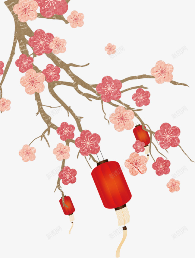 春节粉色梅花喜庆装饰png免抠素材_新图网 https://ixintu.com 喜庆装饰 新春装饰 春节 梅花 粉色 红灯笼