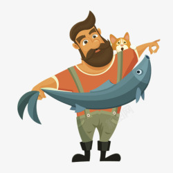 卡通手绘带小猫钓鱼素材
