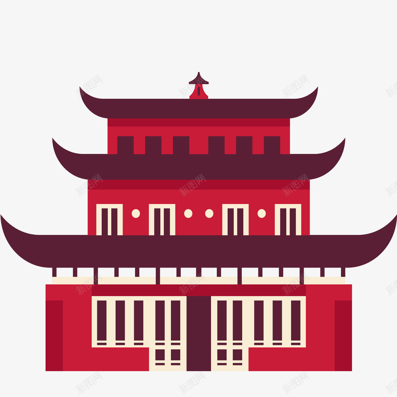 中国风红色建筑png免抠素材_新图网 https://ixintu.com 中国风 卡通 古代 古风房屋 建筑 房屋 扁平化 红色