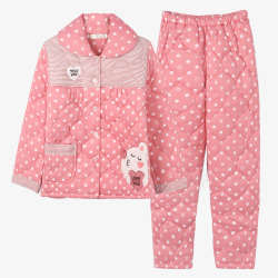 春秋季女士睡衣粉色针织纯棉加厚夹棉睡衣套装高清图片