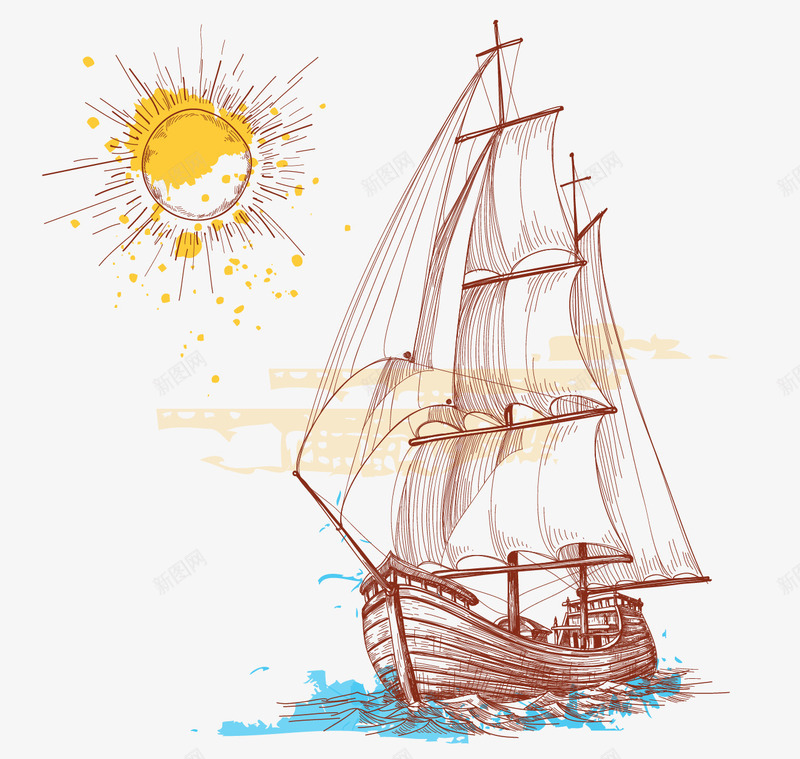 复古风格帆船插画png免抠素材_新图网 https://ixintu.com 复古 帆船 手绘 插画