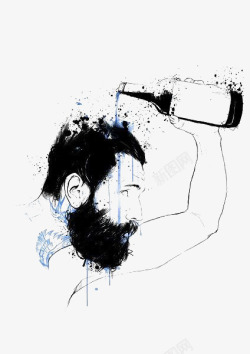 胡子酒瓶水彩喷溅男人高清图片