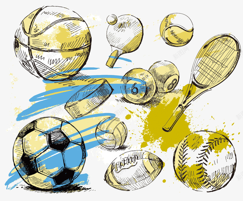 手绘球具png免抠素材_新图网 https://ixintu.com png素材 乒乓球 手绘图 排球 棒球 橄榄球 篮球 网球 足球