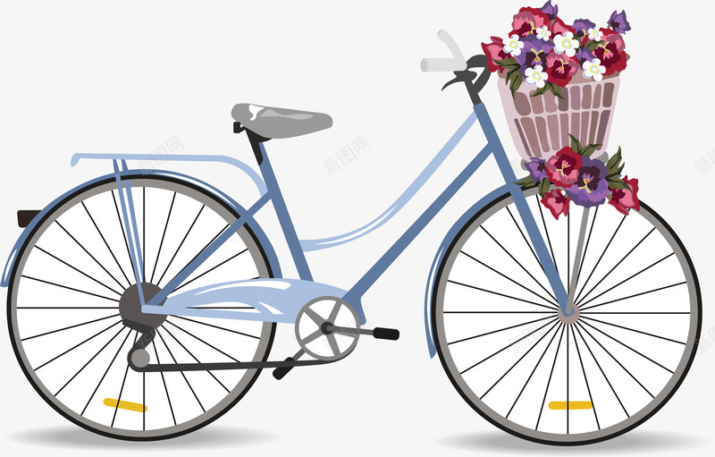 紫色女士自行车png免抠素材_新图网 https://ixintu.com 女士自行车 矢量素材 紫色自行车 自行车 装满鲜花 车筐