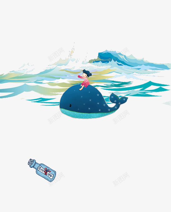 卡通创意大海漂浮png免抠素材_新图网 https://ixintu.com 创意设计 卡通 大海 女孩 海洋 漂流瓶 漂浮 鲸鱼