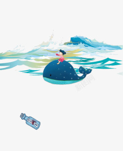 鲸鱼女孩卡通创意大海漂浮高清图片