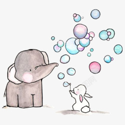 水彩小象和兔子吹泡泡素材