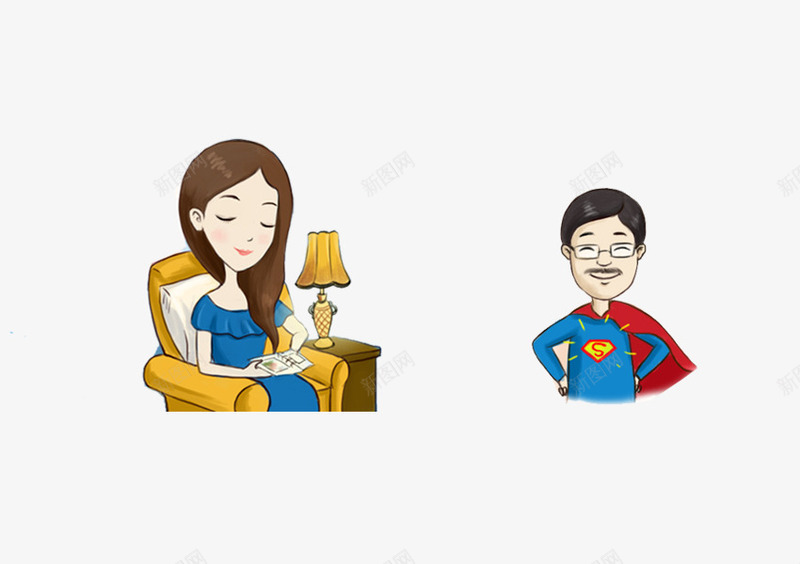 卡通手绘男超人女人png免抠素材_新图网 https://ixintu.com 卡通人物 卡通女人 卡通男人 坐在沙发上的女人 女王 手绘男超人