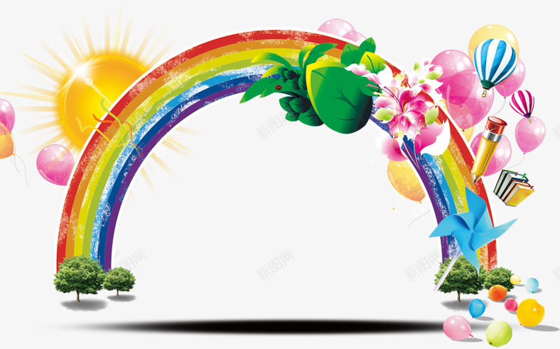 美丽彩虹png免抠素材_新图网 https://ixintu.com 太阳 气球 粉色 绿叶 缤纷花朵 美丽彩虹