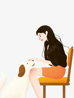 坐公交车的女孩卡通手绘坐在椅子上和狗狗玩高清图片