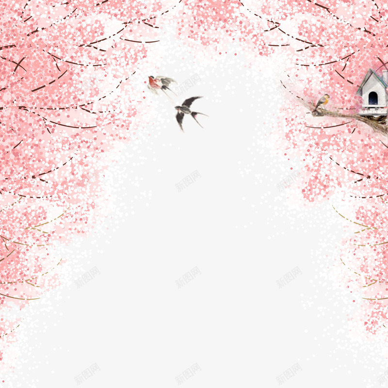 樱花树上的房子及鸟png免抠素材_新图网 https://ixintu.com 房子 树枝 樱花瓣 漂浮 鸟
