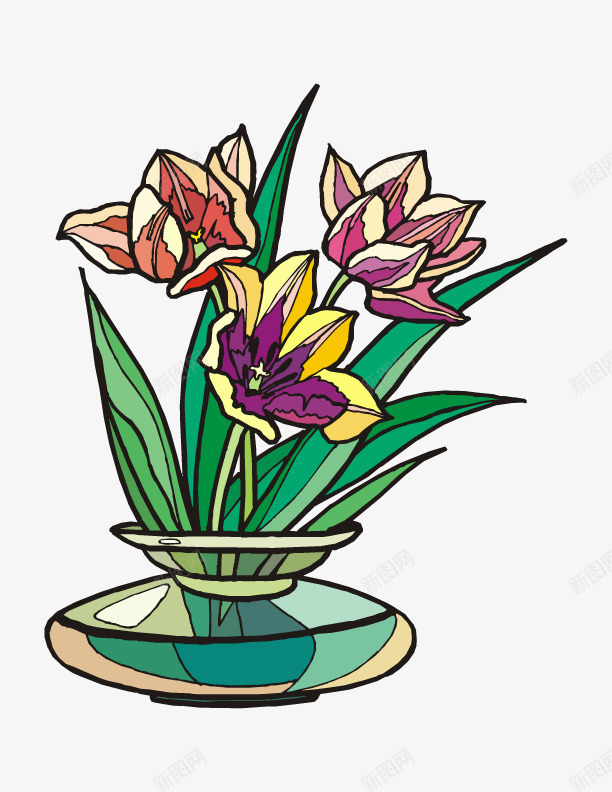 卡通手绘美丽的花png免抠素材_新图网 https://ixintu.com 创意 卡通手绘 叶子 盆景 美丽的 花朵 花瓶