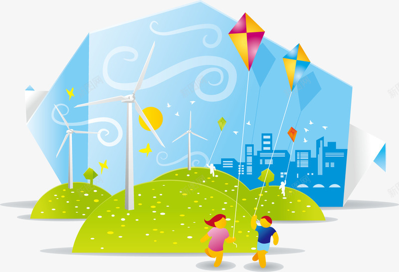 蓝绿色风能能源风车分布png免抠素材_新图网 https://ixintu.com 环境保护 生态 装饰 风能能源