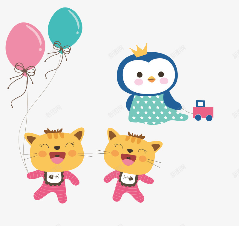 卡通气球猫和企鹅png免抠素材_新图网 https://ixintu.com 企鹅 卡通 气球 猫