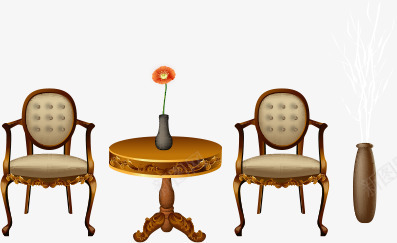 圆桌椅子png免抠素材_新图网 https://ixintu.com 凳子 圆桌 座椅 木质 椅子 花朵 花瓶