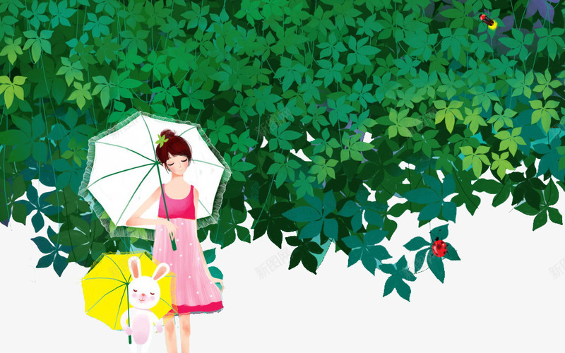树下的女孩png免抠素材_新图网 https://ixintu.com 下雨天 大树 小女孩 撑伞 白色的雨伞 绿叶 雨中撑伞 黄色的雨伞