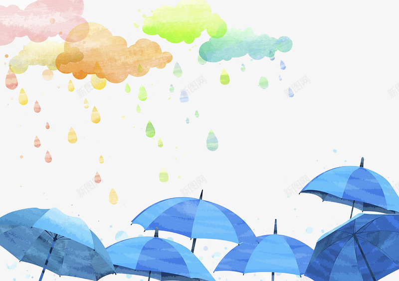 雨天水彩画png免抠素材_新图网 https://ixintu.com 云 伞 大自然 天气 彩色云 蓝色雨伞 雨天水彩画 雨水