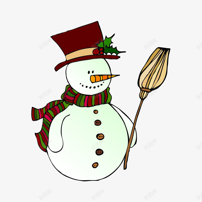 卡通手绘可爱的雪人png免抠素材_新图网 https://ixintu.com 创意 卡通手绘 可爱 围巾 帽子 扫把 雪人