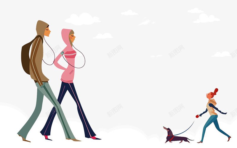 卡通手绘散步的人们png免抠素材_新图网 https://ixintu.com 人们 免抠男人 卡通 听歌的男女 手绘 散步的 遛狗的女人
